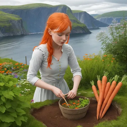 Prompt: Young Irish ginger gathering carrot in small garden in Norway near a cliff and a fjord, stunning view, fjord, summer, daylight, blue sky