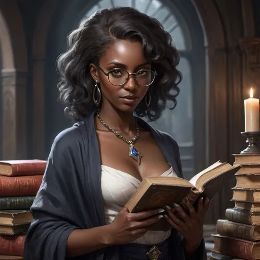 Prompt: Sorceress, black skin, intelligent, shy, decent beauty, glasses, full. Body, book in hand, In the forties