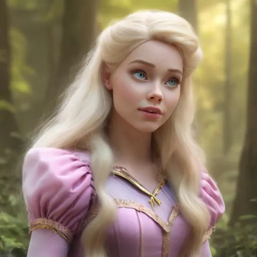 Prompt:  disney sleeping beauty as live action human woman hd hyper realistic beautiful blonde hair light skin beautiful face pink dress
cottage in forest hd background with live action realistic fairies 