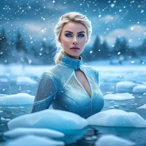 Prompt: lady of the ice, blonde hair, blue eyes, in the middle of an iced lake, snowstorm, highly detailed, professional, render, Sharp focus, HD, UHD, HDR, hyperrealistic