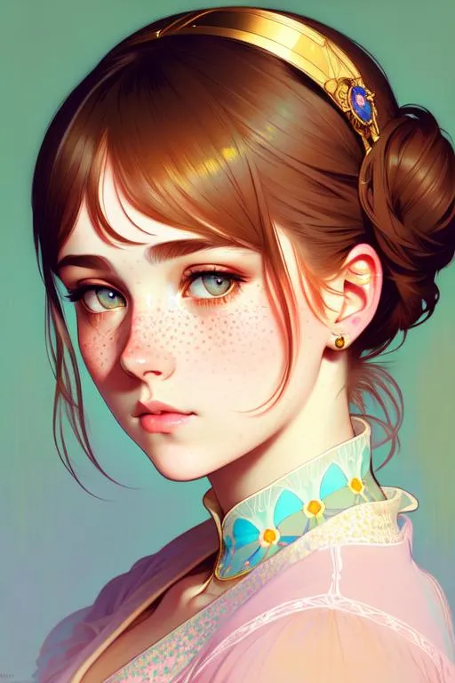 Prompt: Upper body portrait of Cute girl with freckles, high bun, intricate, detailed face. by Ilya Kuvshinov and Alphonse Mucha. Dreamy, pastel colors, honey