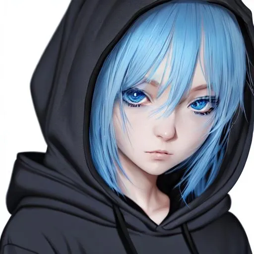 Prompt: Blue hair, hood on head, anthropormphic anime girl, wearing heaphones, blue eyes, looking at the camera, black hoodie, hyperrealism , beautiful photography, highly detailed, hd, 4k, 8k