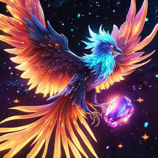 Prompt: Headshot of A crystal-clear glass bioluminescent phoenix that is glowing, nebula fireballs and lava, beneath the stars, sunset, highres, best quality, concept art, 8k