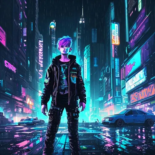 Prompt: cyberpunk boy, in a city at rainy night