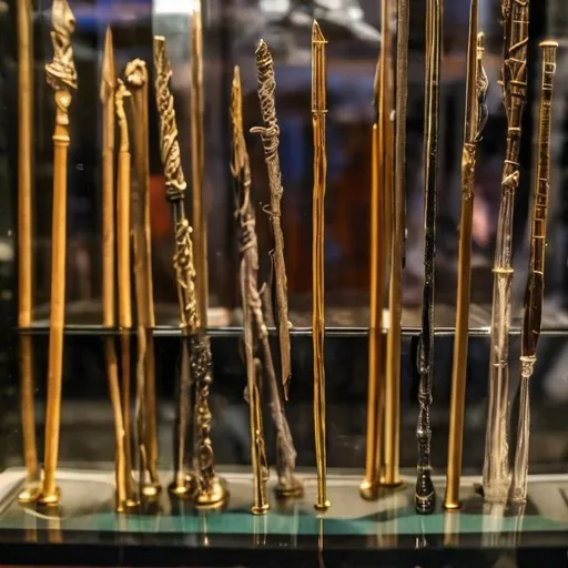 Prompt: Magic wands in a display case 