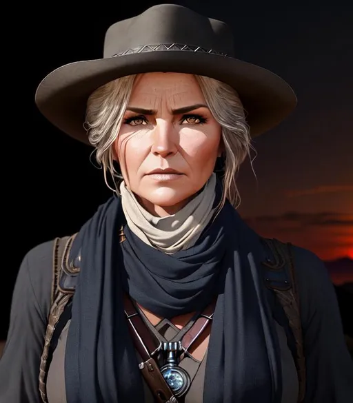 Prompt: Brooding, tense, foreboding 3D HD dramatic cinematic lighting [({one}Female as a dusty beautiful {Old-West}Gunfighter)], expansive Arizona desert background, sunset hyper realistic, 8K --s98500