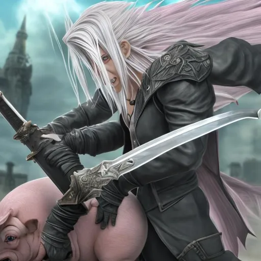 Prompt: Sephiroth riding a pig
