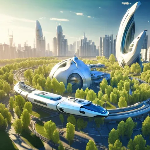 Prompt: Utopian, a long Flying train in the circle center bend around the small unreal future city with lots of green trees and white buildings, warm sunlight. shot from side.  high directy,  3D octange render