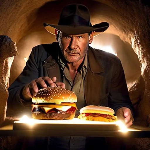 Prompt: high production movie still, Old Harrison Ford Indiana Jones {{holding a huge sloppy cheeseburger}} in a darkly lit tomb, he stares at it in awe, eating, photo realistic 4k, highly detailed image, high resolution