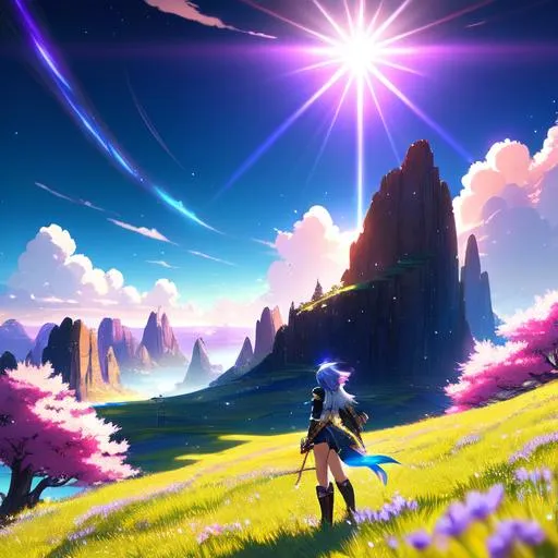Prompt: long shot vast scenic highly detailed of beautiful young girl in sapphire armor, standing on grass valley, looking from below, mystical energy in the air, sunshine, deliberate, windy, splash art, heroic fantasy art, inspired by final fantasy, manga graphics, 8K, CMYK, RPG, inspired by makoto shinkai, inspired by wlop, inspired by kentaro miura