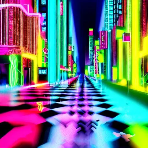 Prompt: Vaporwave: Incorporates elements such as neon colours, distorted or pixelated images, and references to consumer culture often associated with escapism themes.