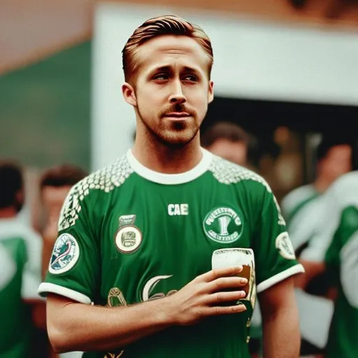 Prompt: Ryan Gosling with a detailed Palmeiras  Jersey from 2023 holding a beer
