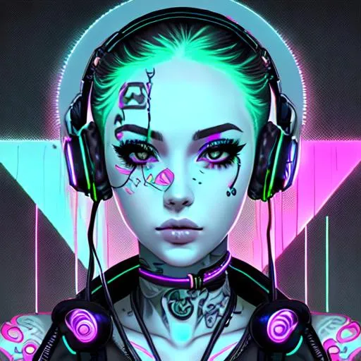 Prompt: Cyberpunk girl, beautiful face, crescent moon tattoo, headphones, neon background