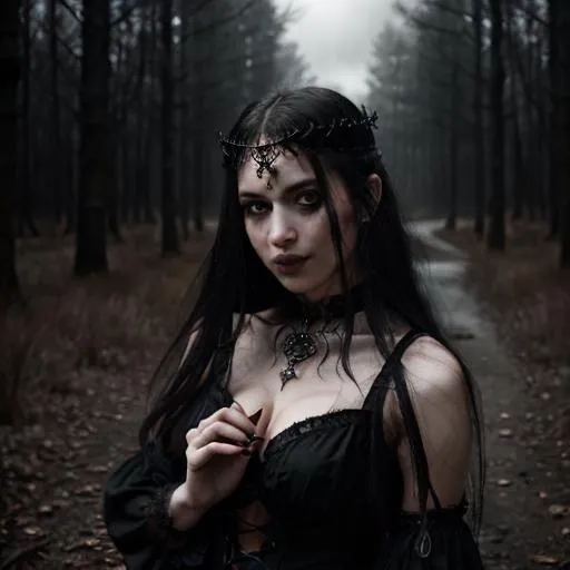 Prompt: gothic fantasy, close-up portrait, gloomy forest lake, laughing girl with a dagger in her hand, in a long black gothic dress, long hair flowing in the wind, large reflective red eyes, fierce look, well dressed, wandering lights, wind, lightning, moonlight, ominous red moon, surreal, symmetrical, intricate details, high detail, alcohol ink, Anne Stokes