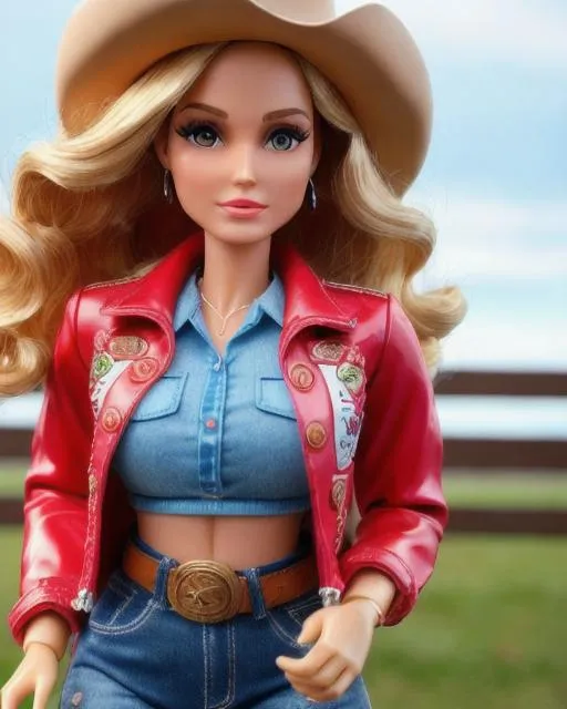 Prompt: upper body, walking pose, slow motion, close up, anatomical cinematic photo of a beautiful cowgirl barbie doll, mix of natalie portman and kerry washington and dolly parton, wavy hair, segmented model, mattel barbie aesthetic, made of plastic, segmented doll, wearing a denim jacket, rustic western clothes, designer jeans, sheer cotton, crimson accent, push up blouse, ultra detailed, detailed plastic skin, studio lighting 