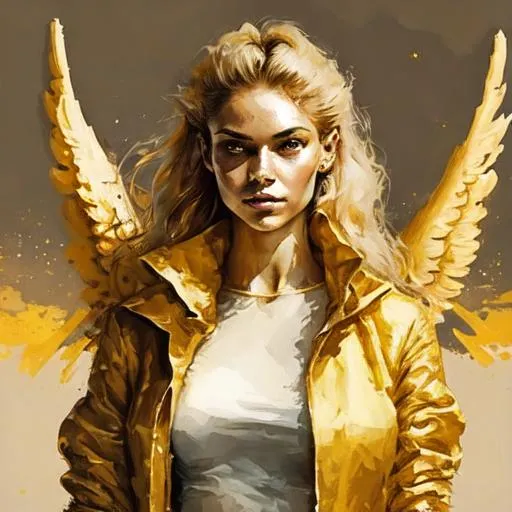 Prompt: A mesmerizing angel woman wearing golden linen and high tech standing heroically in front of a tartarian city she just saved