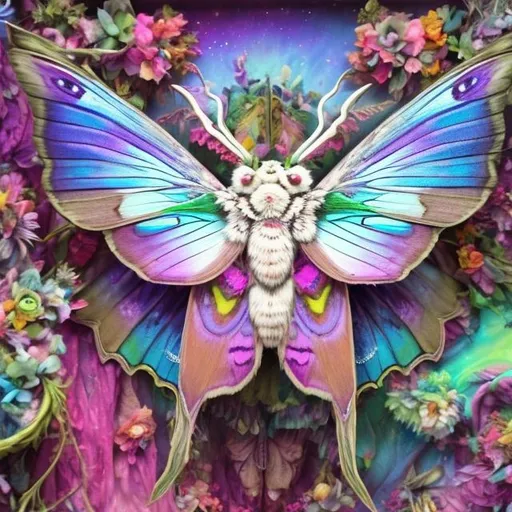 Prompt: White witch moth diorama in the style of Lisa frank