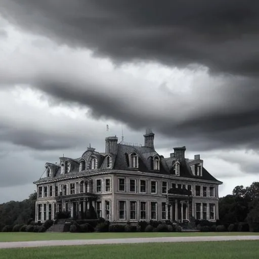 Prompt: A large, black 19th century mansion with dark clouds in the sky.