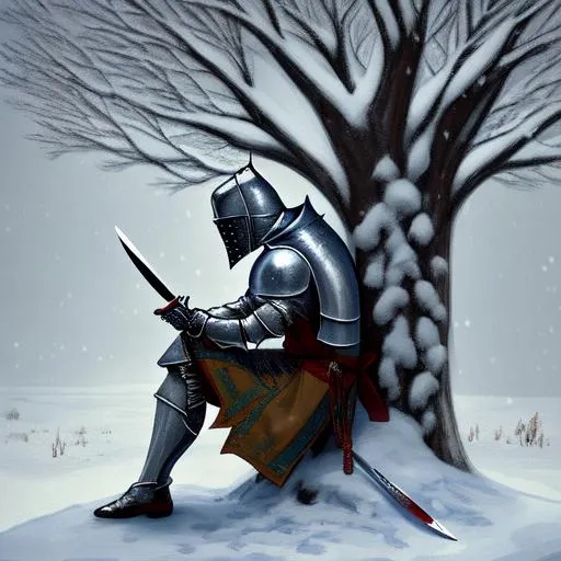 Prompt: A knight with a knife on his back sat drinking under a snowy tree