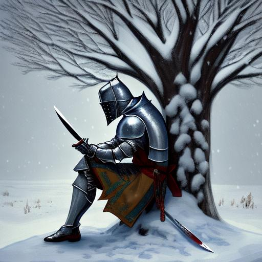 A knight with a knife on his back sat drinking under... | OpenArt