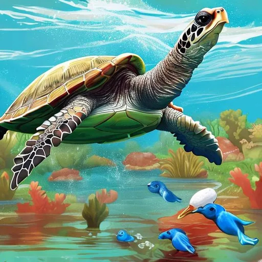 Prompt:              (How turtle enters water)
Snail, red, white  and blue birds 