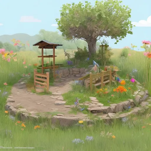 Prompt: Concept art of a natural rest stop for birds and animals that provides food and filled with wild flowers 