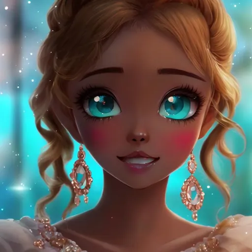 Prompt: Anime, Princess, Teal eyes, Apricot Ballgown, diamond earrings, brown skin, HD, 4k, High Quality, Effects.