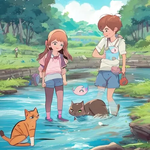 Prompt: A girl with a boy and with a cat beside a river catches 