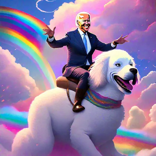 Prompt: President Joe Biden and kamala Harris riding Falcor from the Neverending story movie,  neon clouds background , spray painting rainbows  in the sky