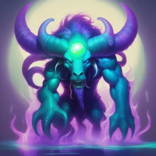 Prompt: Minotaur, fur a vivid light blue, long fangs, blue and purple fish fins, blue and purple tentacles, blue and purple antenna holding luminescent orbs, head glowing iridescent sea-green, best quality, masterpiece, in horror style