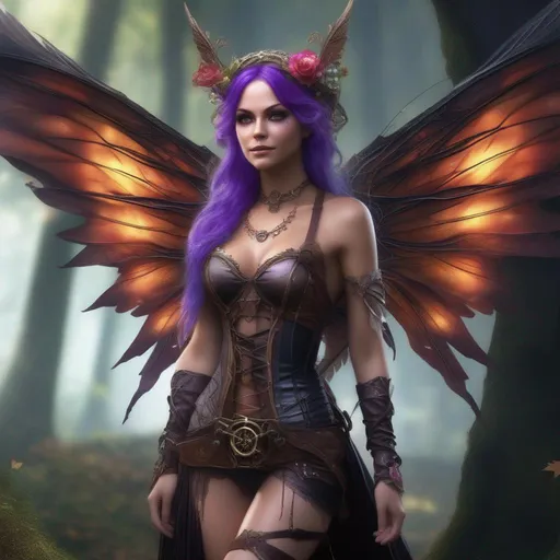 Prompt: Epic. Cinematic. Shes a colorful, Steam Punk, gothic, witch. ((distinct)) Winged fairy, with a skimpy, ((colorful)), gossamer, flowing outfit, standing in a forest by a village. ((Wide angle)). Detailed Illustration. 8k.  Full body in shot. (Hyper real painting). Photo real. A ((beautiful)), very shapely, woman with ((anatomically real hands)), and ((vivid)) colorful, ((bright)) eyes. A ((pristine)) Halloween night. (Concept style art). 