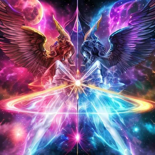 Prompt: The Cosmic duel between good and evil, angelic and demonic collide in the cosmic environment, in the style of cosmic fantasy.