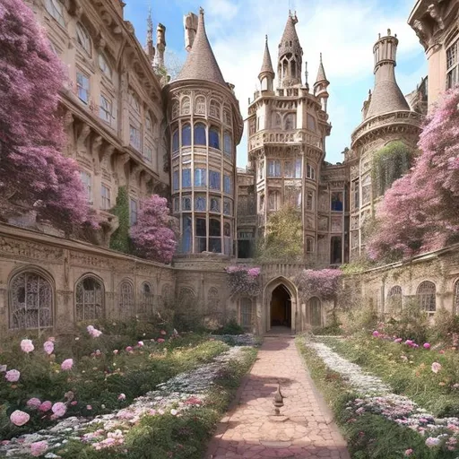 Prompt: Spring court from court of Thornes and roses with an ebsorbitant amount of flowers and ghotich and a lot of victorian architecture whit rampicants that dall' down the walls and Little paths near roses