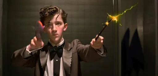 Prompt: 13 year old boy in a tuxedo casting a crazy magic spell from the outside of a bathroom stall with his magic wand, but the spell he cast happens on the inside of the bathroom stall because he cast the spell on the person inside who was warring a T shirt 
