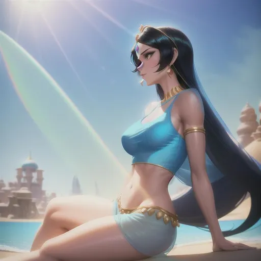 Prompt: A digital artwork, Princess Jasmine, feminine physique, attractive features, slim body, desert, thick black hair, sky blue bedlah top with sky blue oversized salwar pants, playing with sand, Very Modest
, Fragonard, highly-detailed, cinematic, washed out palette,soft pastel color palette, light trails, sunny day, High contrast, translucent, iridescent, long hair, arms visible, filmic, perfect composition, colorfull,high resolution, extra Saturation, hyperrealistic, super detailed, 8k, high quality, sharp focus, intricate details, highly detailed, dynamic lighting, detailed and intricate environment, highest quality