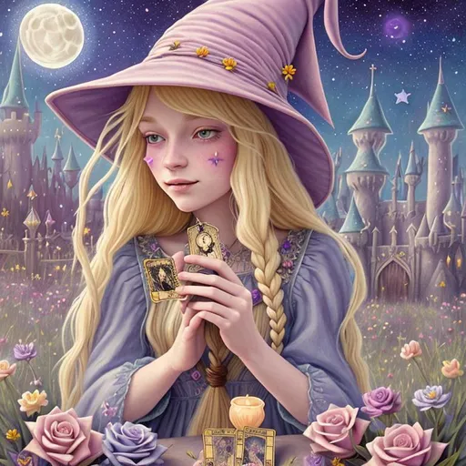 Prompt: witch with long blonde hair, using tarot cards, wearing witch hat, cute, flowers, aesthetic, pastel, fairycore, disney, pixar, moon, stars, witchcraft, in a starry pastel sky,  garden, sweet, dreamy, award winning illustration, artstation, highres, realistic