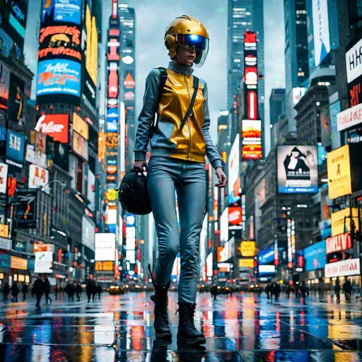 Prompt: generate an image of a full body cybernetic futuristic svelte woman from 2250 ((full shot)), walking in the wet street, wearing a bluish grey shiny tight jeans and sweater and thin black boots, a big backpack, a futuristic big cross helmet with metallic visor, intricate blue and yellow billboards in the background, maximalist, reflection, blue hue, cyberpunk setting, UHD, photorealistic, super resolution, dynamic lighting, a masterpiece, by jeremy mann, a breathtaking artwork by Brian Froud, Ferez, Arthur Rackham, Beeple, Epic scale, highly detailed, clear environment, triadic colors cinematic light 16k resolution, trending on artstation, hyperdetailed, hyperrealism, cinematic, filmic; epic in scope and scale, Poster art. night, yellow and blue billboards and buidings in the background and sides
© Amina