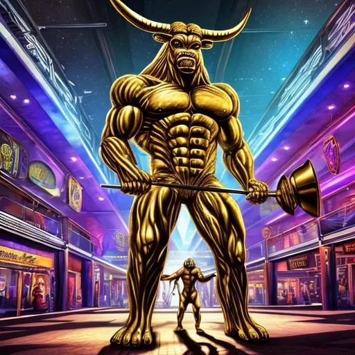 Prompt: Bodybuilding Golden Minotaur playing bass guitar in a busy alien mall, widescreen, infinity vanishing point, galaxy background