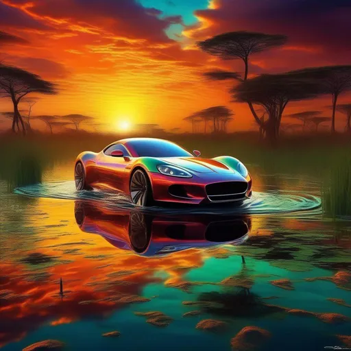 Prompt: in this very alien surreal world that resembles the beautiful African swamp land and Savanah landscape, it is always sunset time, with such beautiful colours mixed in. The reflections in the  water play lengthy tricks on the mind and there a bright-coloured electrifying sportscar gracefully jumping out of the water