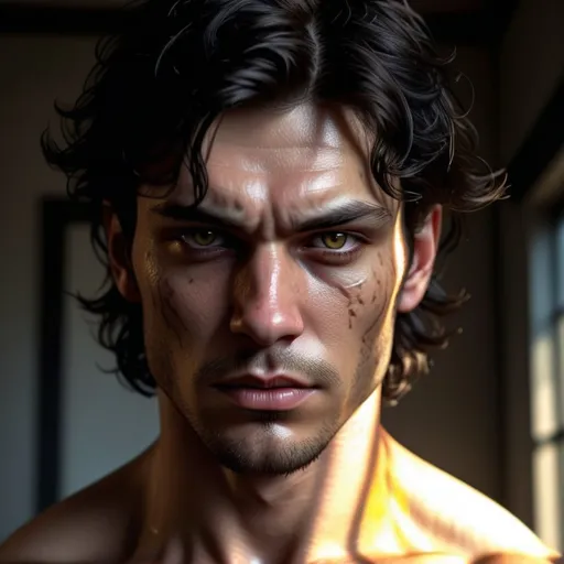 Prompt: (Damon Torrance, adult male), black wavy and unruly hair on top, tapered cut on the back and sides, piercing hazel eyes, angry pout, olive toned skin that is slightly pale, corded muscles but lanky build, veined arms and hands, dramatic lighting, dark and brooding atmosphere, high contrast shadows, deep and moody color palette, ultra-detailed, realistic skin textures, focused facial expression, background with dimly lit room and shadows, 4K, hyper-realistic, photorealistic.