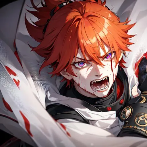 Prompt: Erikku male adult (short ginger hair, freckles, right eye blue left eye purple) UHD, 8K, Highly detailed, insane detail, best quality, high quality, covered in blood, covering his face with his hand, wide eyes, insane, fear, threatening, laughing, angry, fighting, psychopathic, anime style,