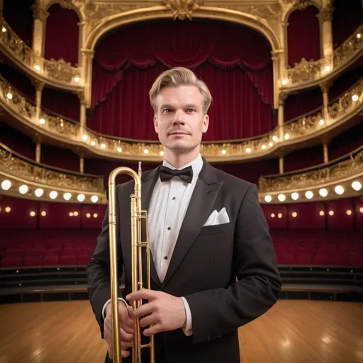 Prompt: Create an image of Johan Norberg, an accomplished trombonist, captured mid-performance on a grand theatre stage. He is dressed in an elegant black tuxedo with a white dress shirt and a classic bow tie, exuding sophistication and grace. The theatre is an opulent venue with ornate, golden architectural details, rich red velvet curtains, and a polished wooden floor. Soft, warm stage lighting highlights Johan, focusing on his expressive face and the gleaming brass of his trombone as he plays, surrounded by the grandeur of the beautiful theatre