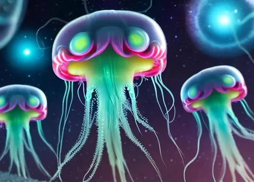 Prompt: Benign Alien multi-eyed Space-Jellyfish delegation arrives on earth
