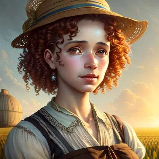 Prompt: An ethereal highly detailed painting of a very beautiful very poor 1920's migrant worker woman, tattered clothes, perfect complexion, gorgeous clean face,
curly auburn hair, award-winning,  Cinematic fantasy atmosphere, farm field, hot sun, cgi, artgerm