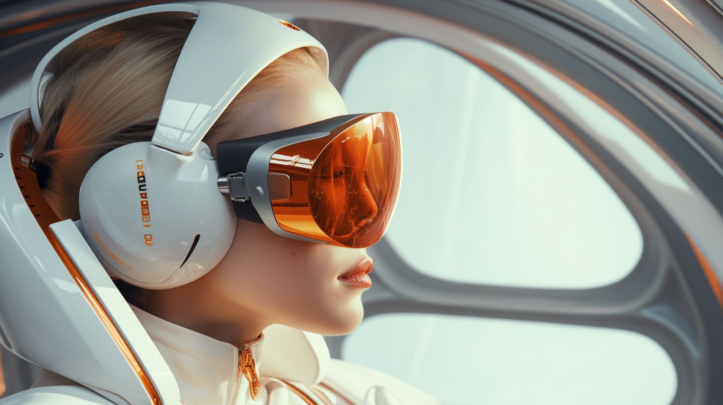 Prompt: a woman in a futuristic ride, in the style of white and gold, cybernetic sci-fi, hyper-realistic details, rodenstock imagon 300mm f/5.8, high detailed, dark orange and white, neo-academism in wide ratio