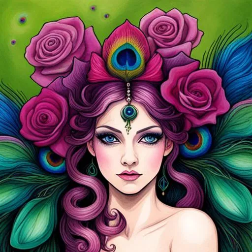 Prompt:  peacock fairy goddess, magenta roses, facial closeup