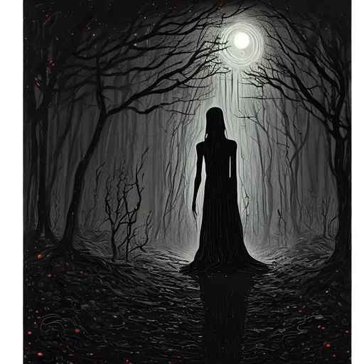 Prompt: Make a painting of a tall, dark figure with glowing eyes and a scared, beautiful woman in a dark room.