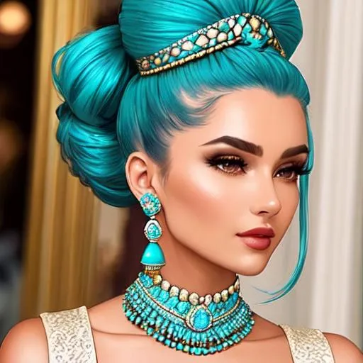 Prompt: An extremely gorgeous woman,  with top knots full of turquoise jewels