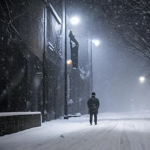 Prompt: man standing alone with his  black and white colored border collie in the middle of a dark city street at night in the middle of a heavy snow storm