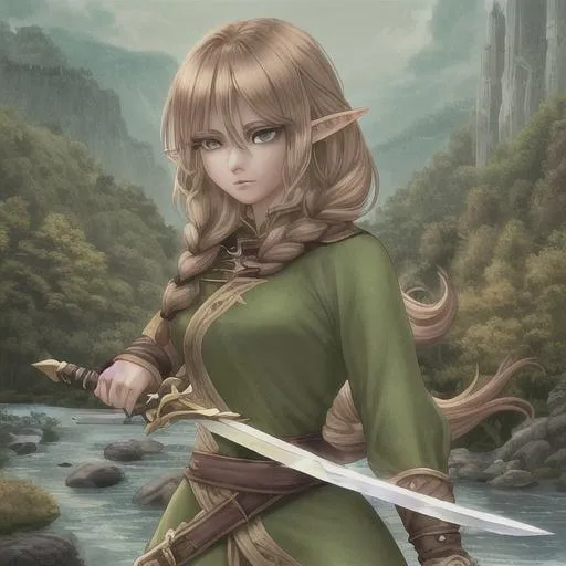 a female elf with brown hair .holding a sword standi... | OpenArt